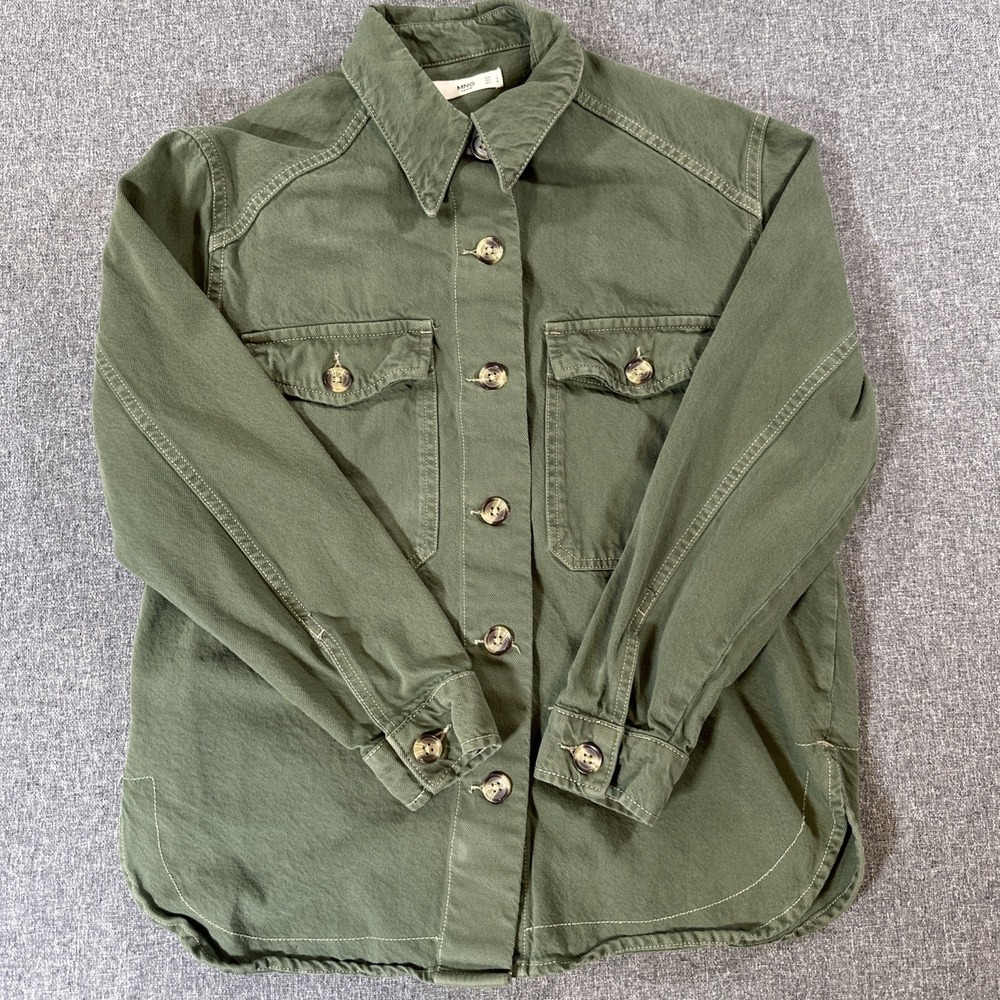 MNG Mango Denim Utility Overshirt Jacket Womens L US 8 Green 100% Cotton‎